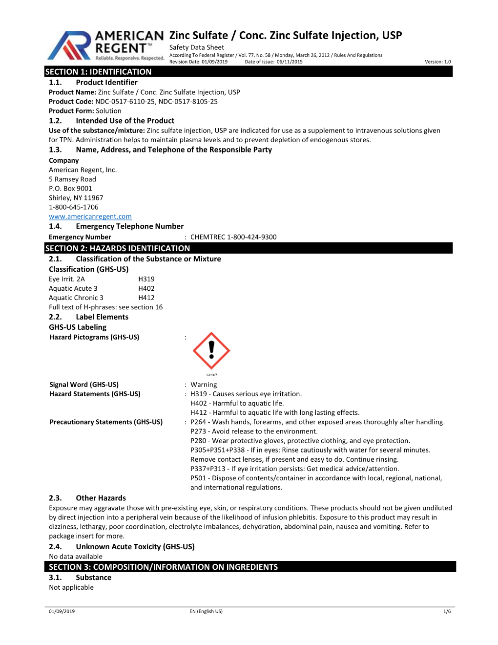 Zinc Sulfate / Conc. Zinc Sulfate Injection, USP Safety Data Sheet According to Federal Register / Vol