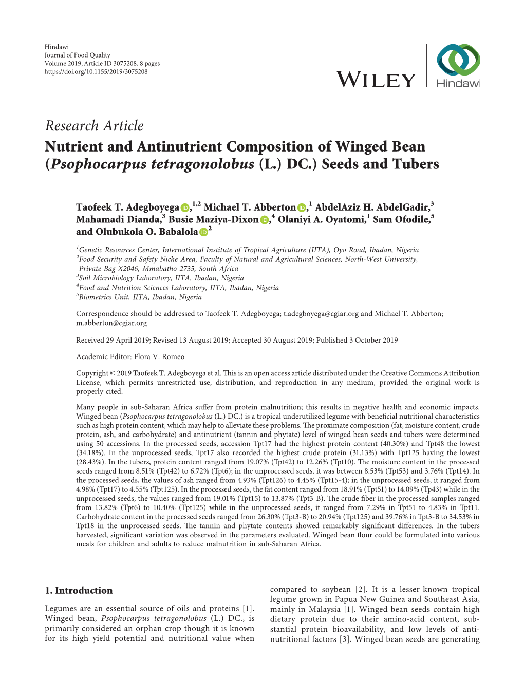 Nutrient and Antinutrient Composition of Winged Bean (Psophocarpus Tetragonolobus (L.) DC.) Seeds and Tubers