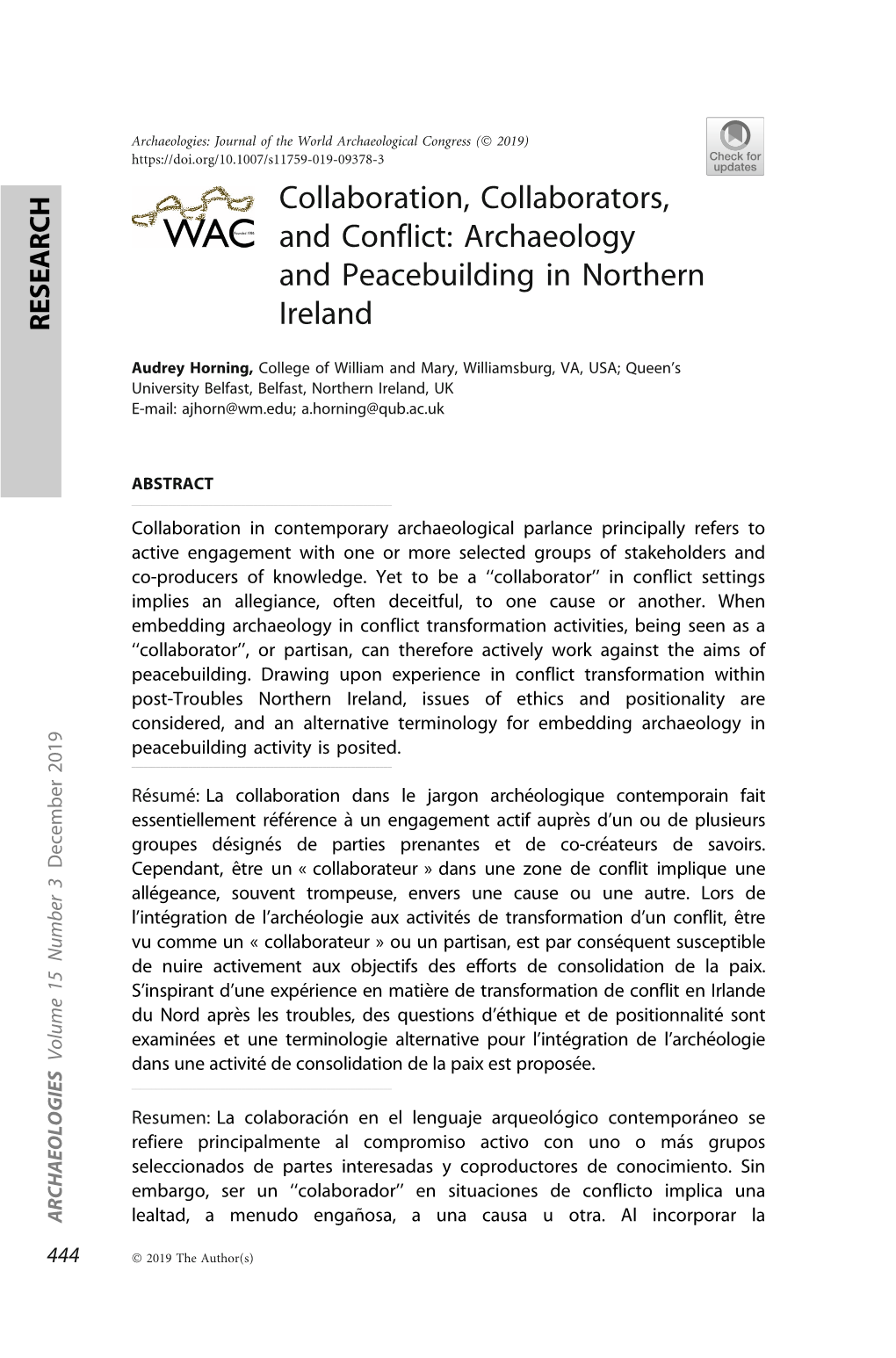 Archaeology and Peacebuilding in Northern Ireland RESEARCH