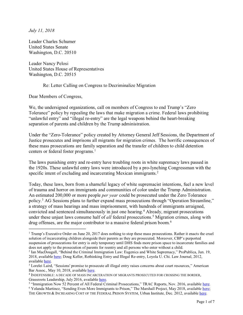 Letter to Congress Demanding Decriminalization of Migration