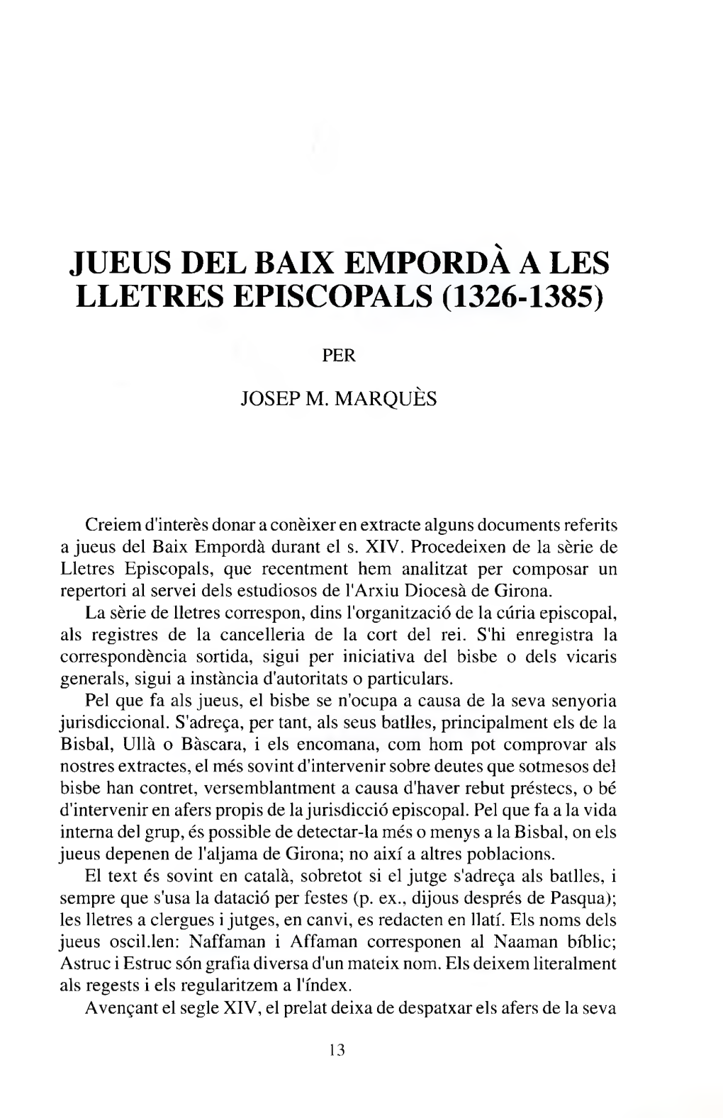 Jueus Del Baix Empordà a Les Lletres Episcopals (1326-1385)