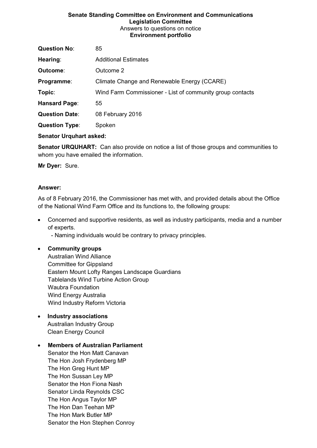 Environment and Communications Legislation Committee Answers to Questions on Notice Environment Portfolio