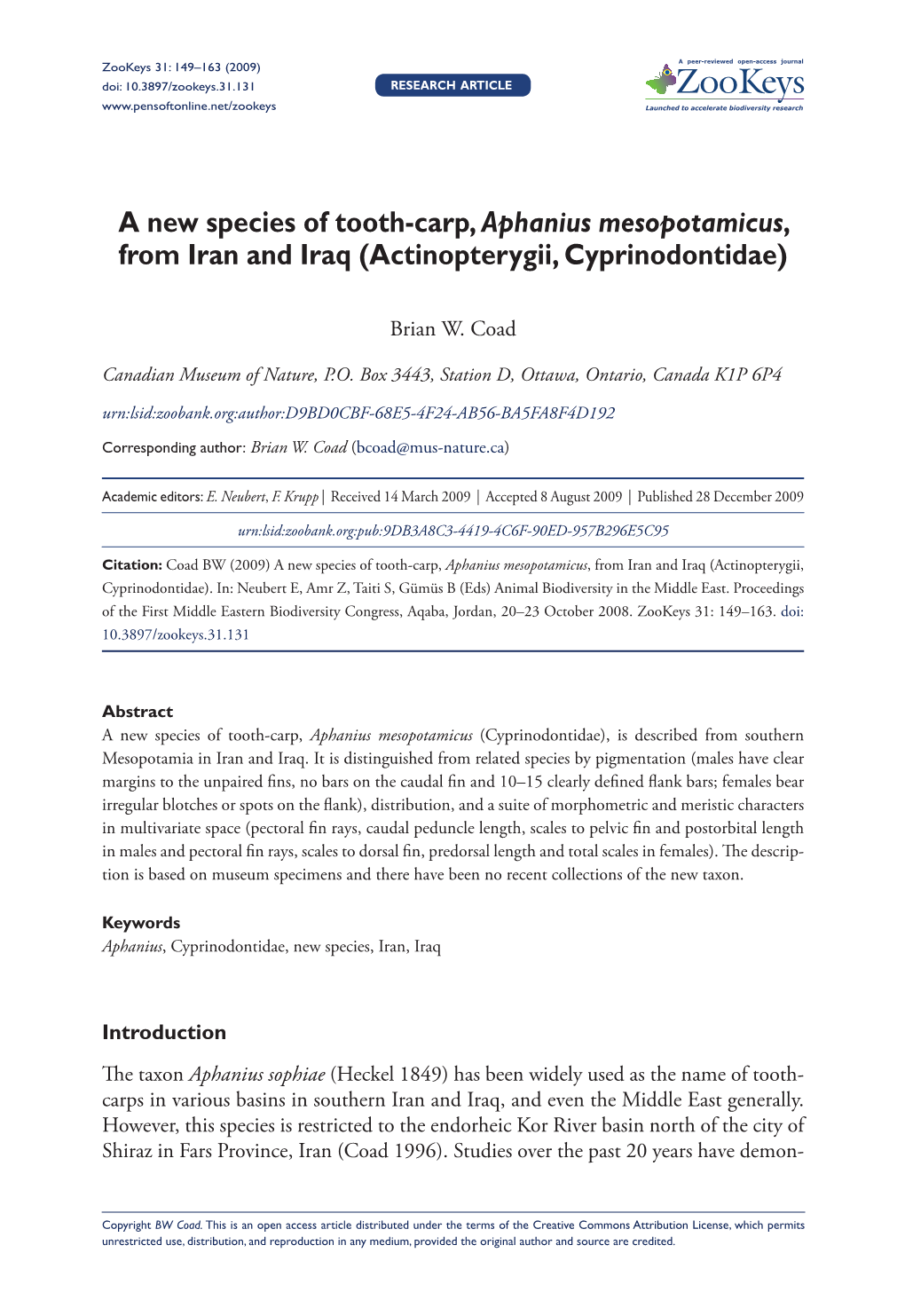 A New Species of Tooth-Carp, Aphanius Mesopotamicus, from Iran and Iraq (Actinopterygii, Cyprinodontidae)