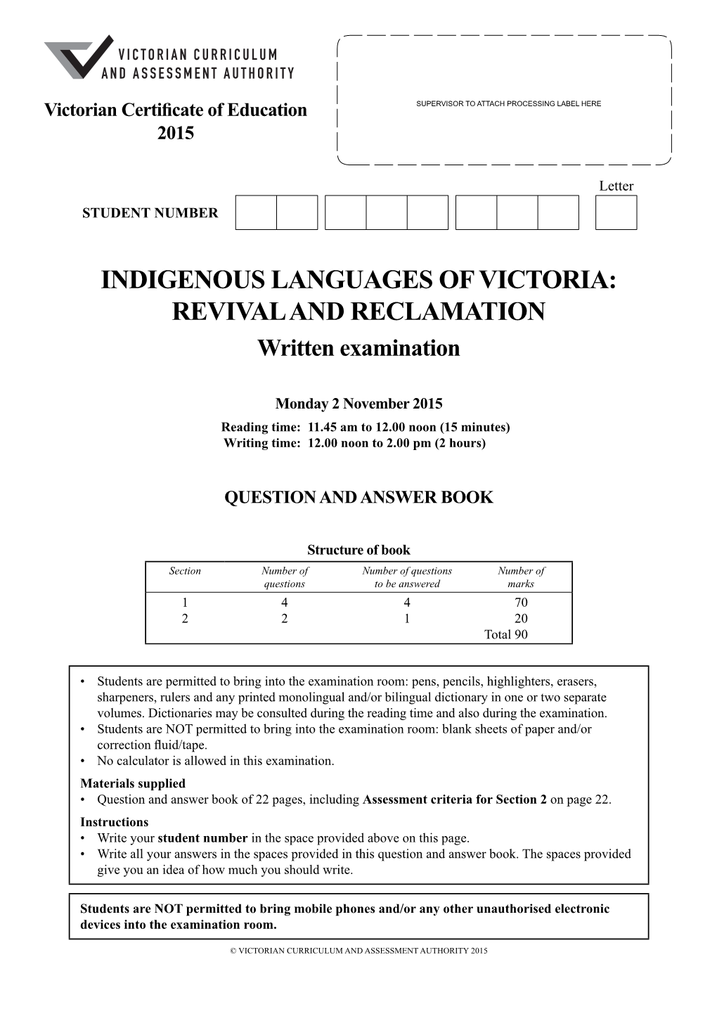 2015 Indigenous Languages of Victoria Revival and Reclamation Written Examination