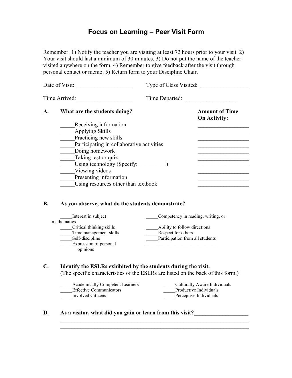 Focus On Learning Peer Visit Form – Observation