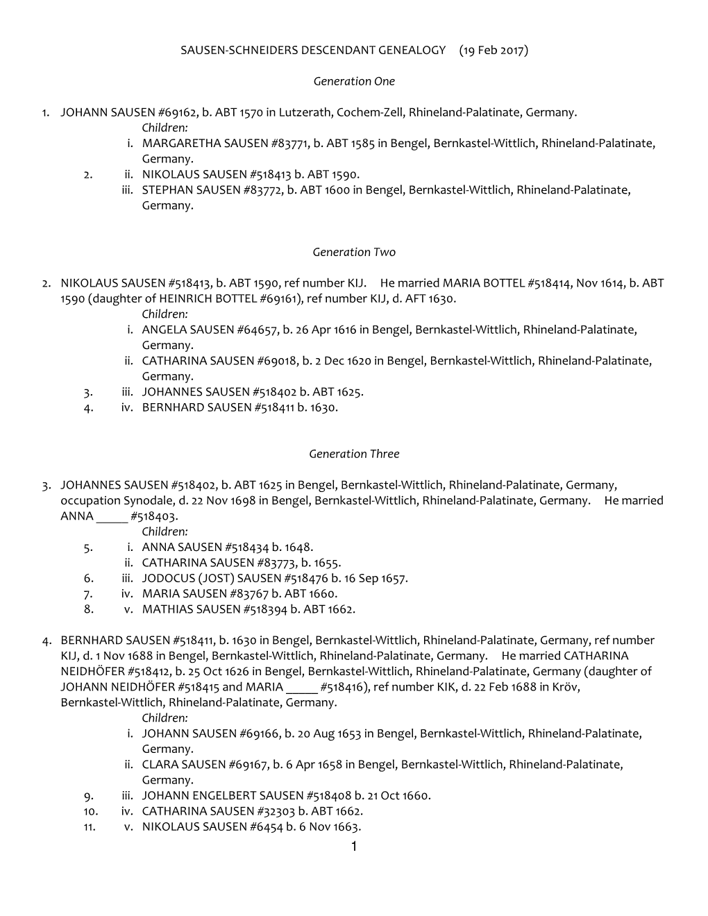 SAUSEN-SCHNEIDERS DESCENDANT GENEALOGY (19 Feb 2017)