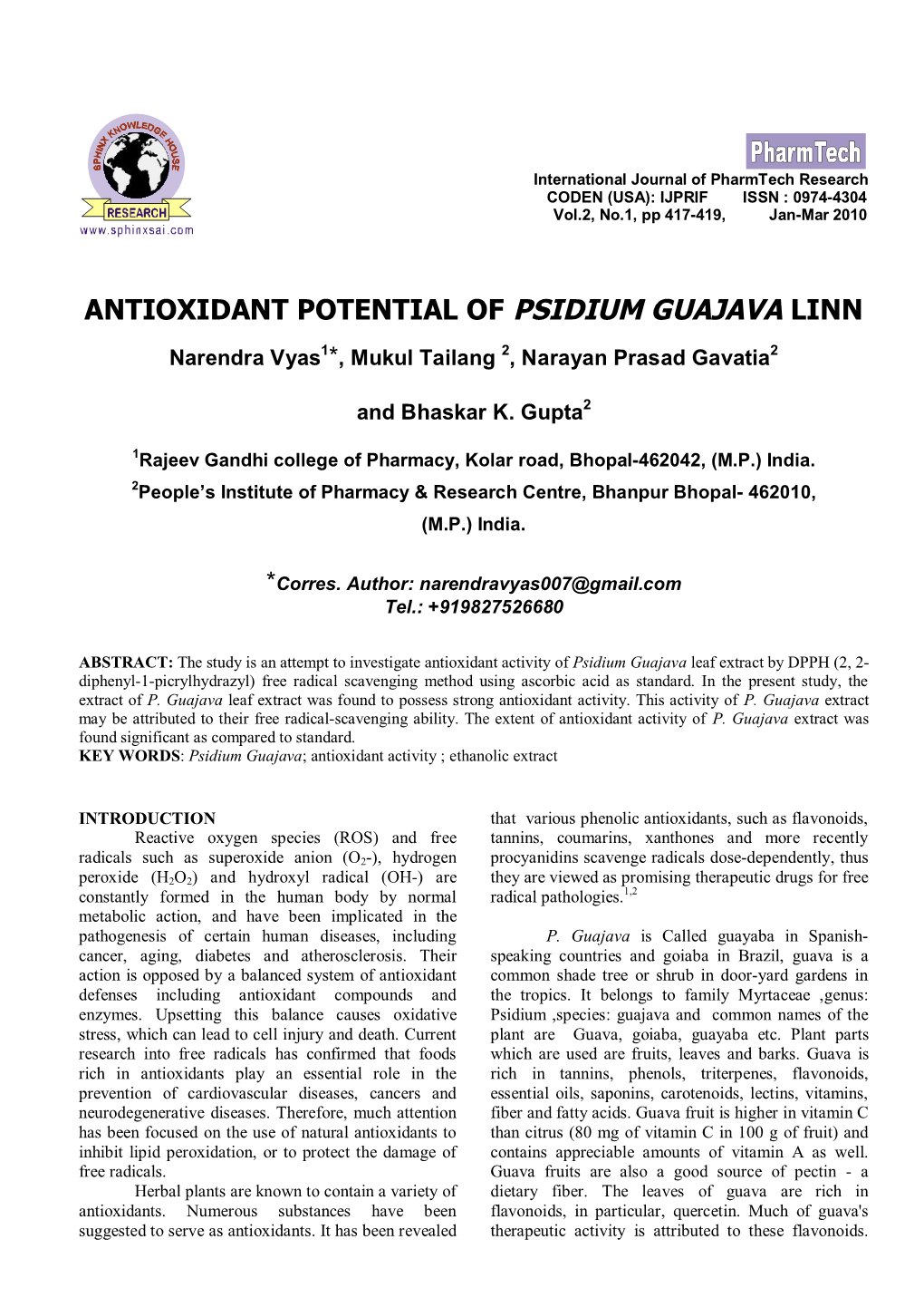 Antioxidant Potential of Psidium Guajava Linn