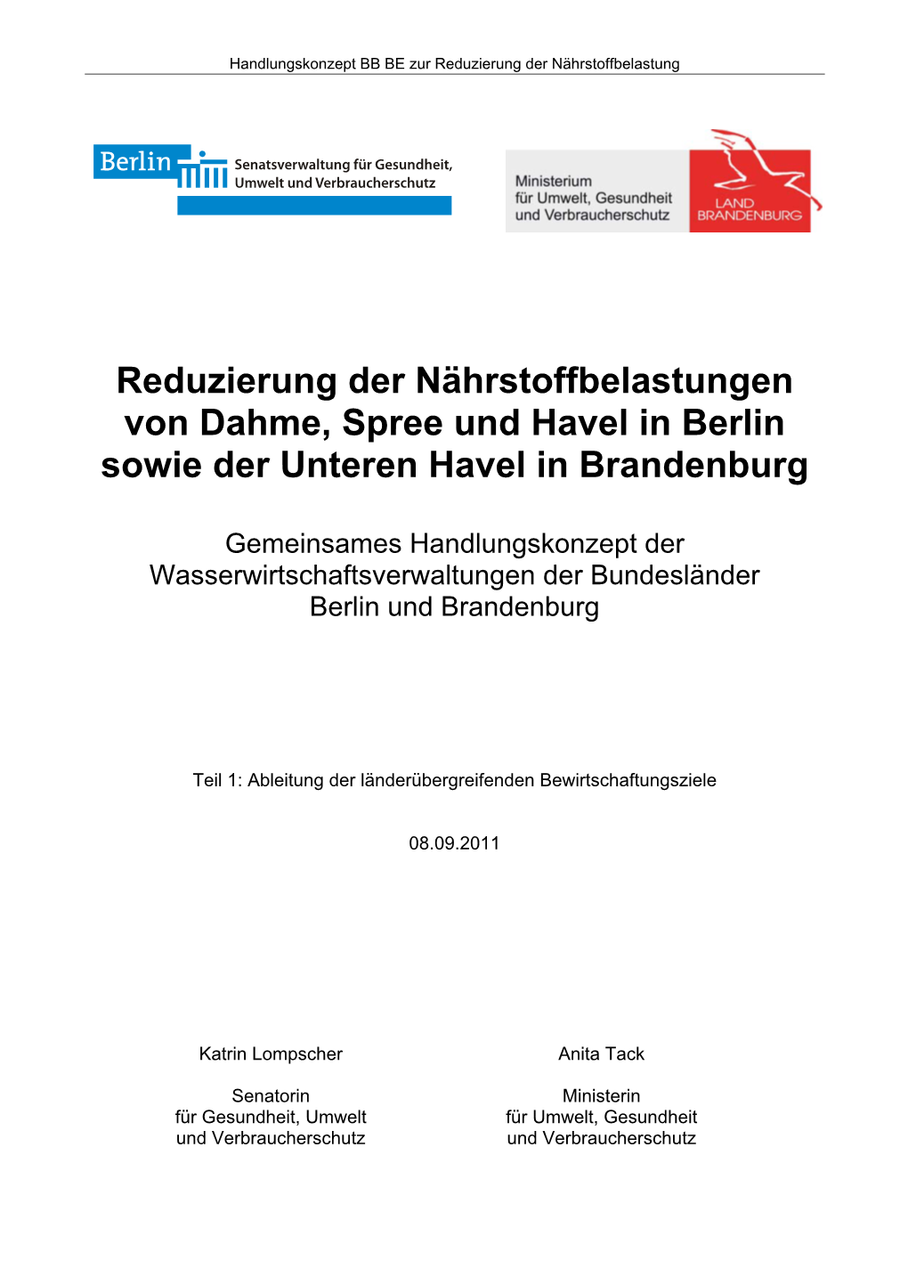 Reduzierung Der Nährstoffbelastungen Von Dahme, Spree Und Havel in Berlin Sowie Der Unteren Havel in Brandenburg