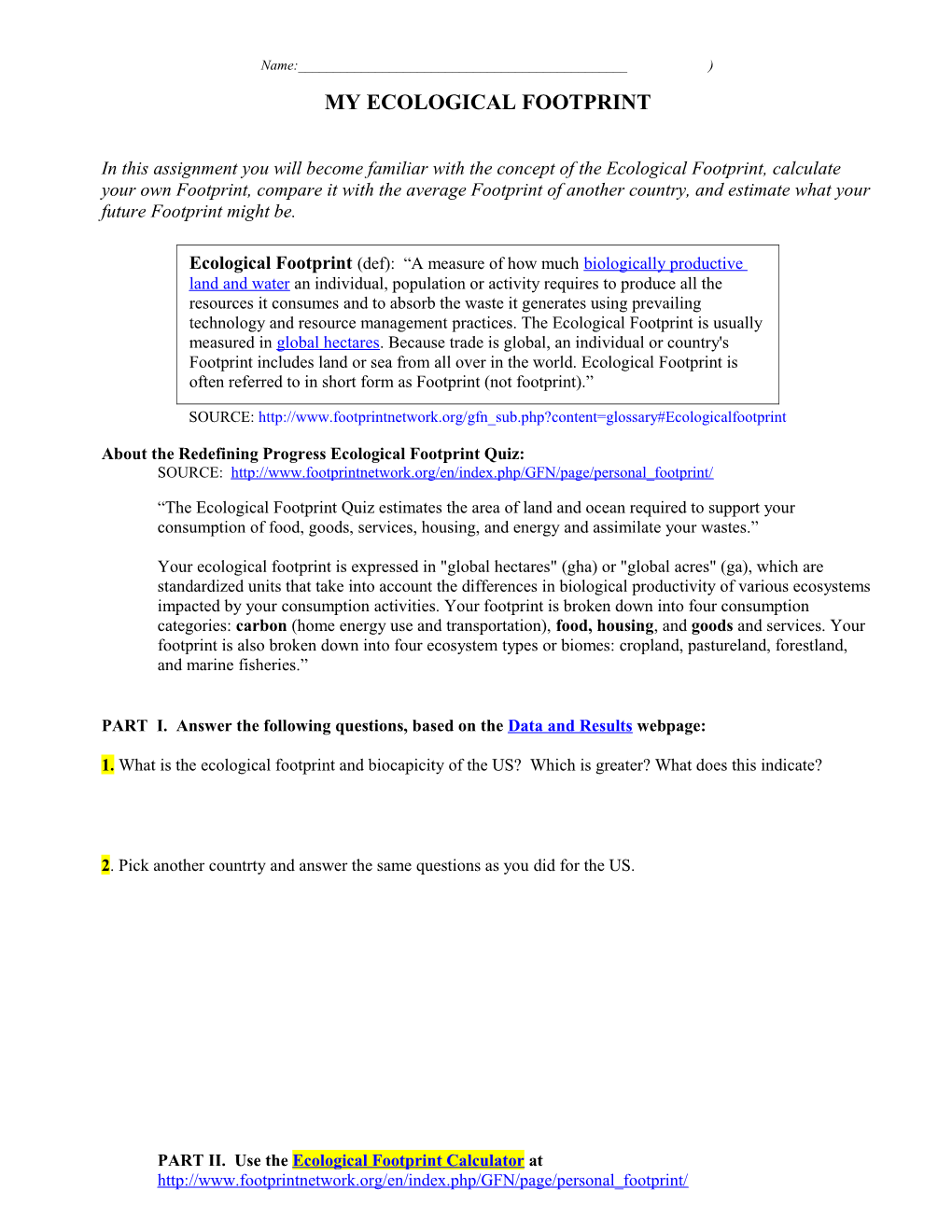 Ecological Footprint Assignment