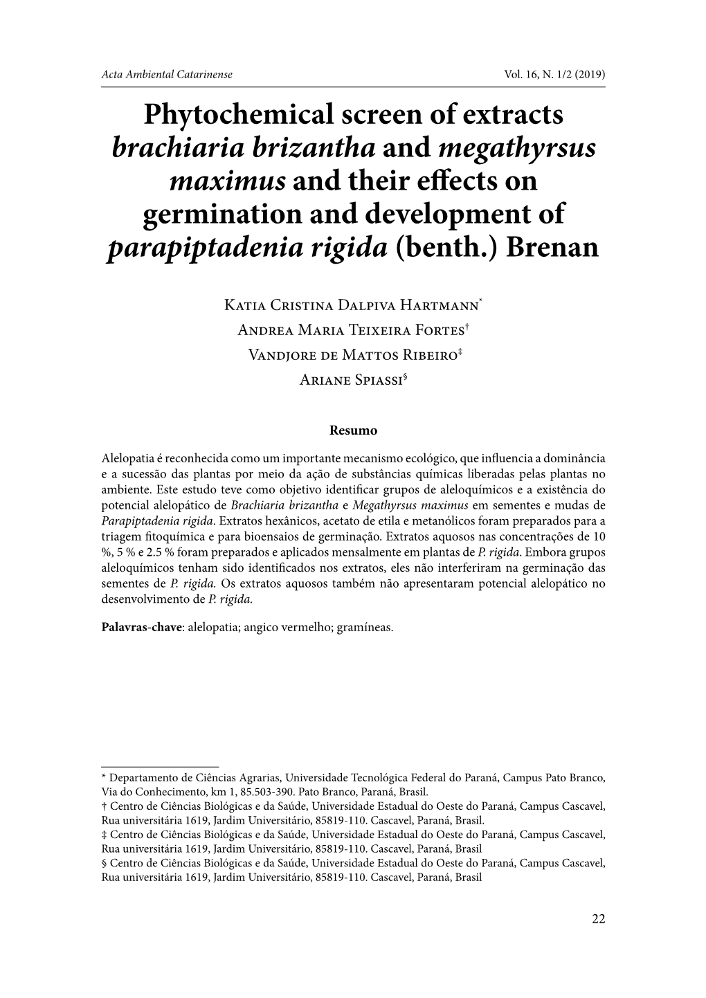 Phytochemical Screen of Extracts Brachiaria Brizantha And