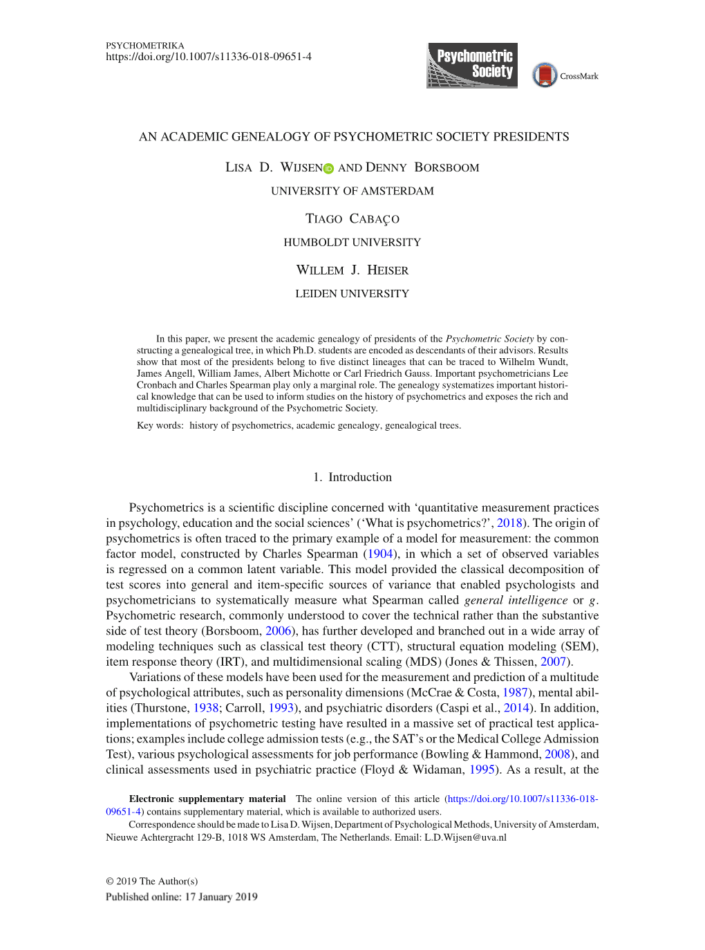 AN ACADEMIC GENEALOGY of PSYCHOMETRIC SOCIETY PRESIDENTS Lisa D