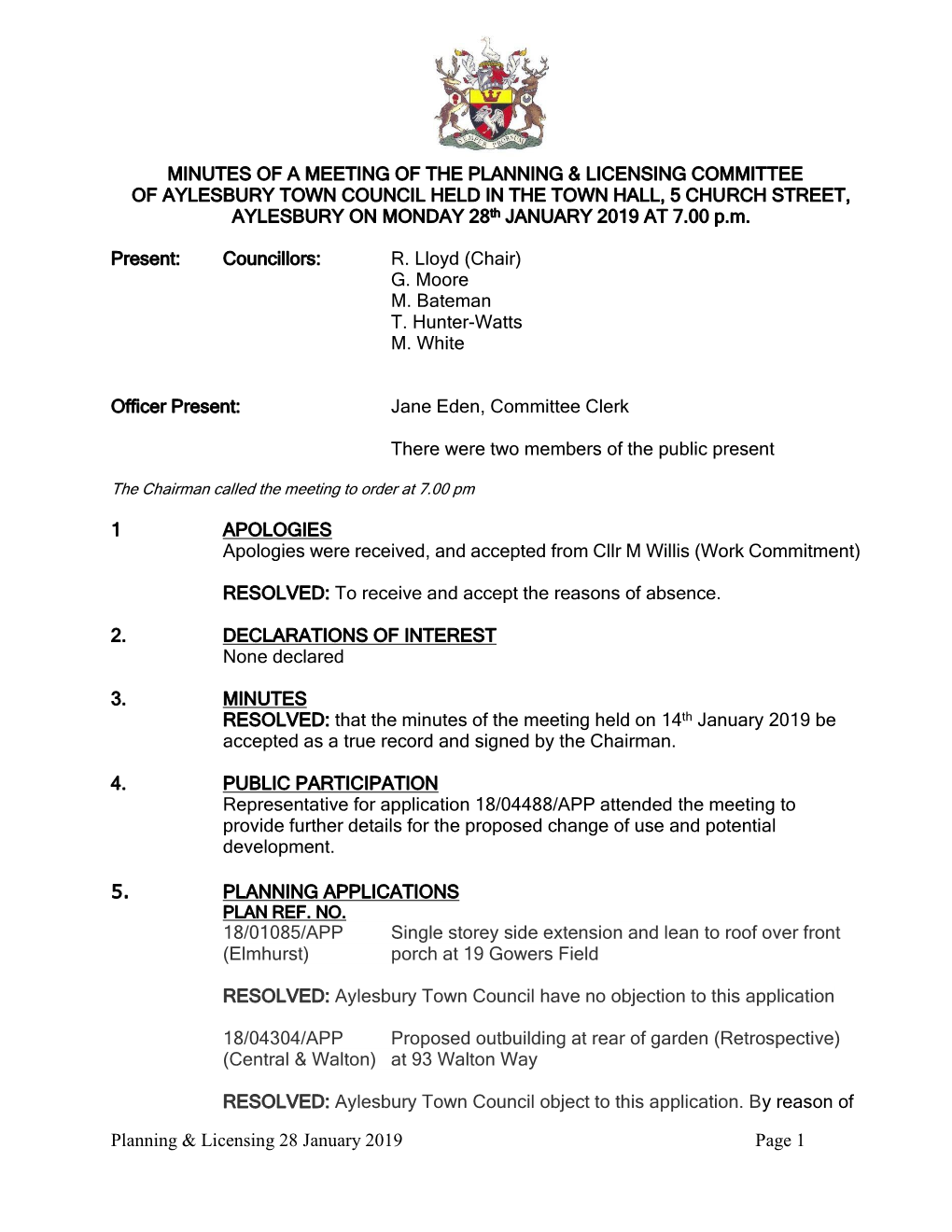 Planning & Licensing 28 January 2019 Page 1 MINUTES of A