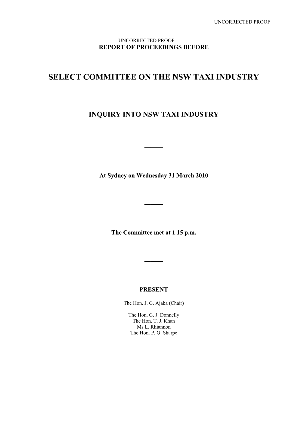 Select Committee on the Nsw Taxi Industry