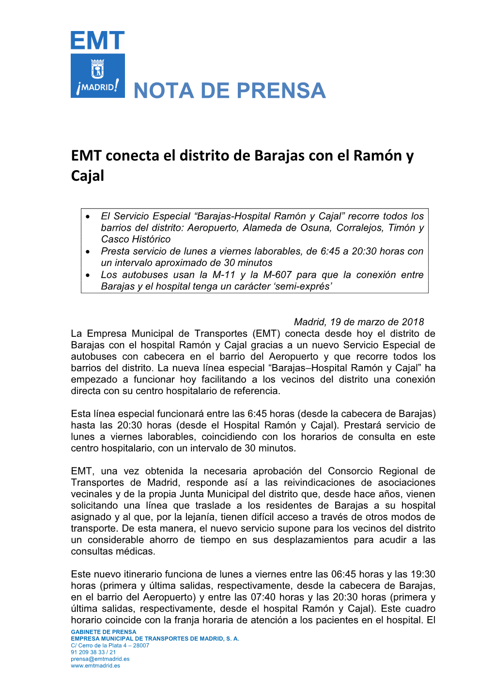 EMT Conecta El Distrito De Barajas Con El Ramón Y Cajal