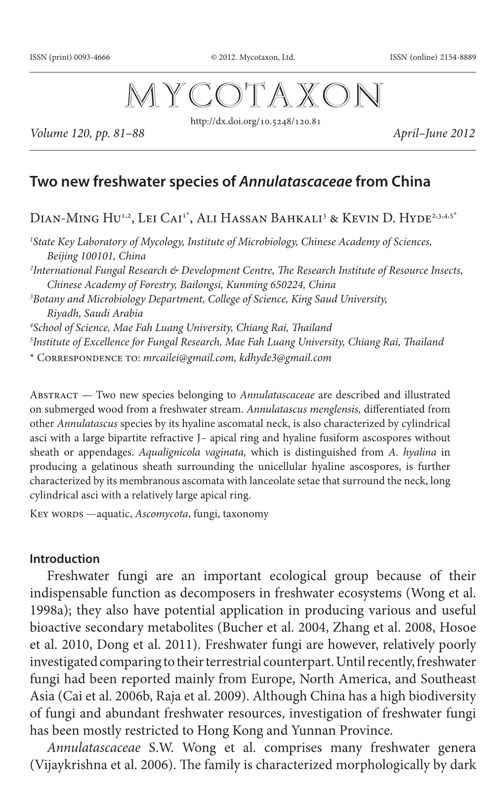 Two New Freshwater Species of &lt;I&gt;Annulatascaceae&lt;/I&gt; from China