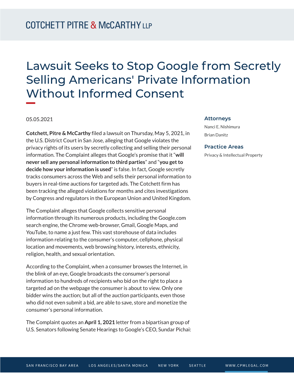 Lawsuit Seeks to Stop Google from Secretly Selling Americans' Private Information Without Informed Consent