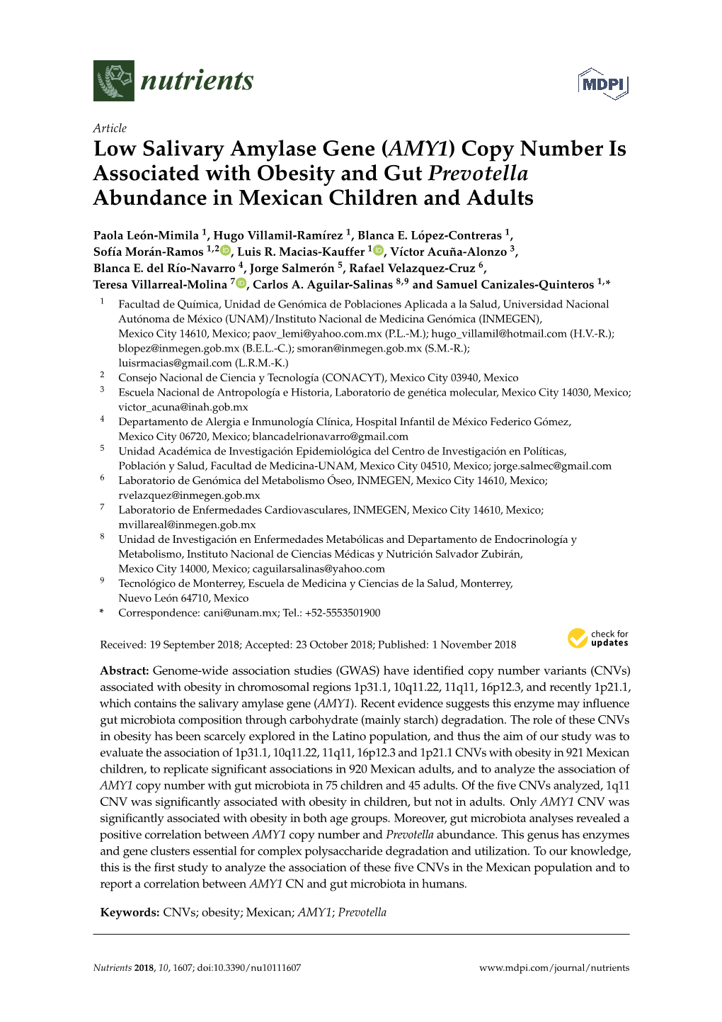 (AMY1) Copy Number Is Associated with Obesity and Gut Prevotella Abundance in Mexican Children and Adults