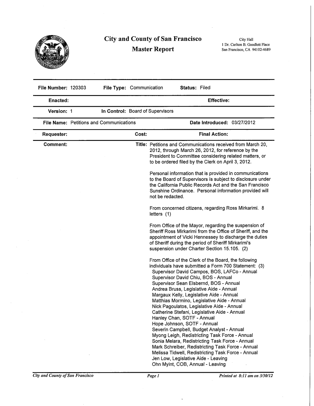 City and County of San Francisco Master Report