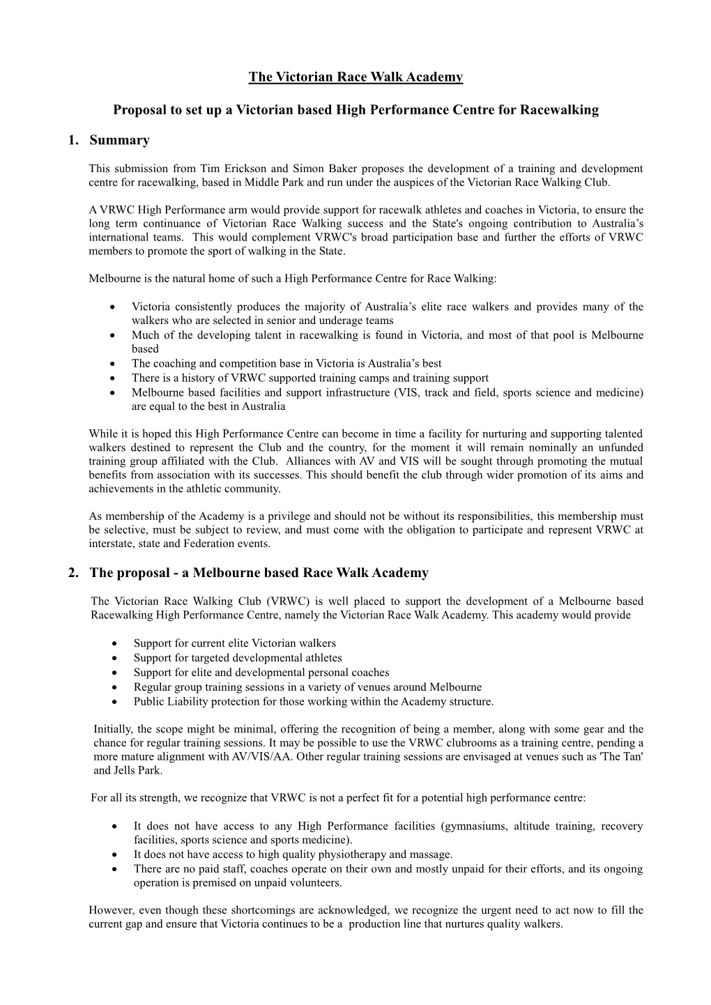 The Victorian Race Walk Academy Proposal to Set up a Victorian