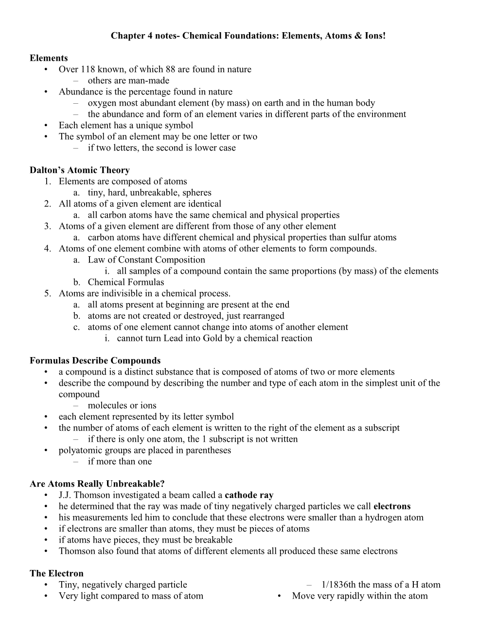 Chapter 4 Notes- Chemical Foundations: Elements, Atoms & Ions