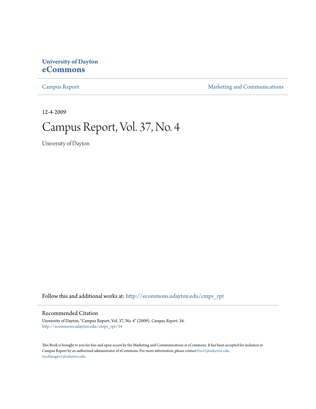 Campus Report, Vol. 37, No. 4 University of Dayton