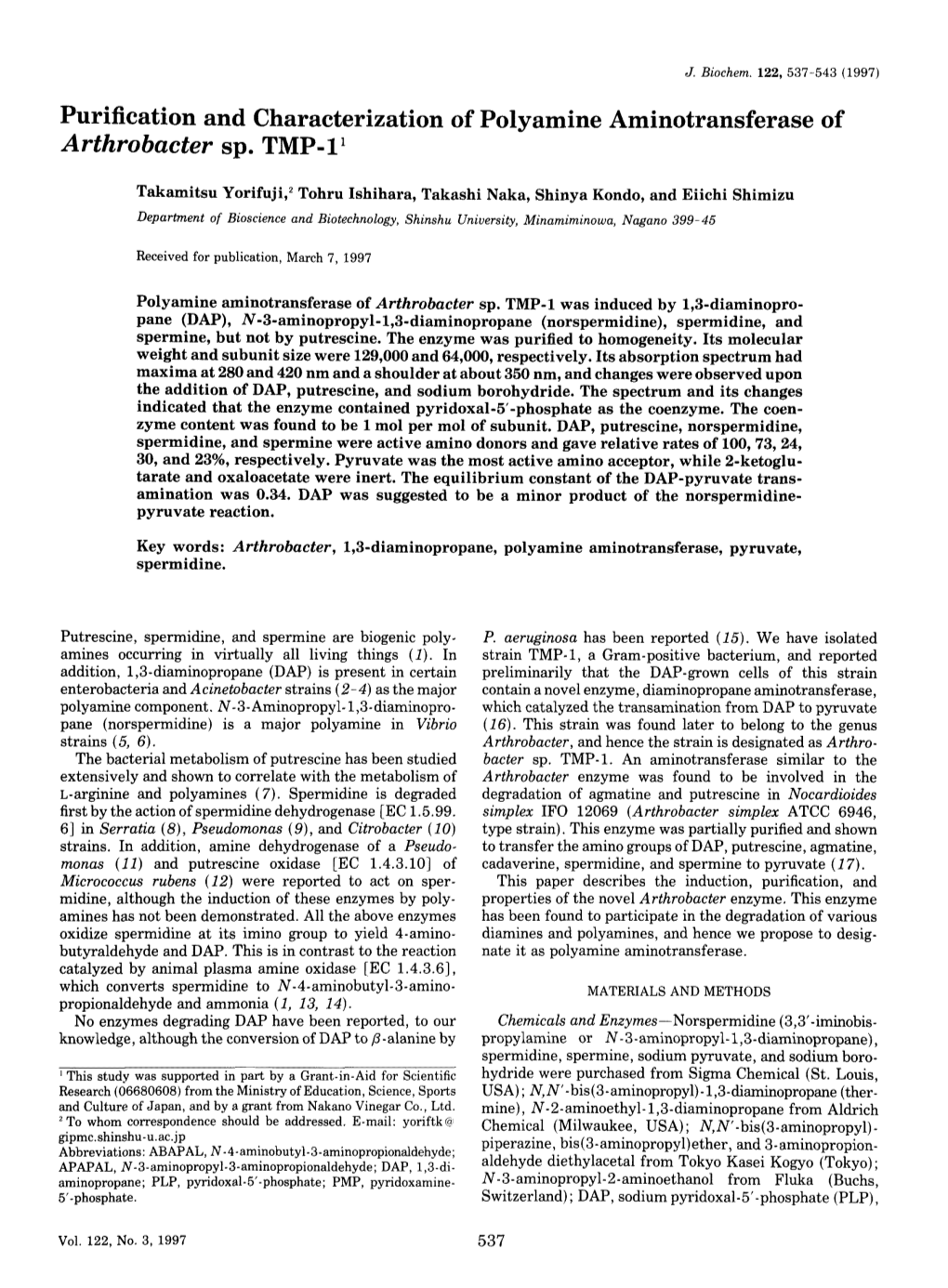 Purification and Characterization of Polyamine Aminotransferase of Arthrobacter Sp
