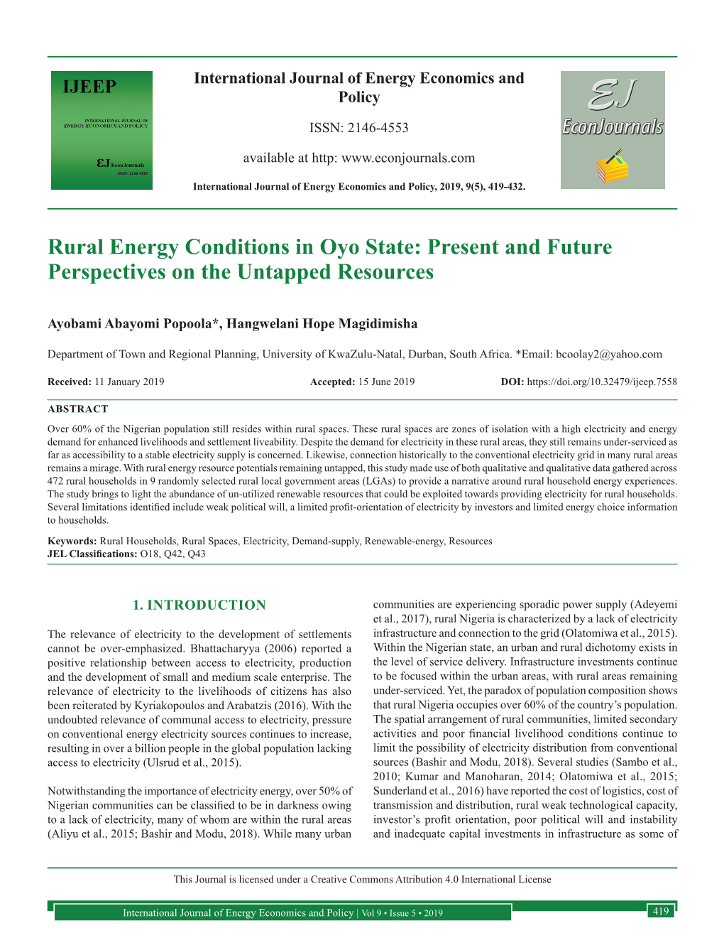 Rural Energy Conditions in Oyo State: Present and Future Perspectives on the Untapped Resources