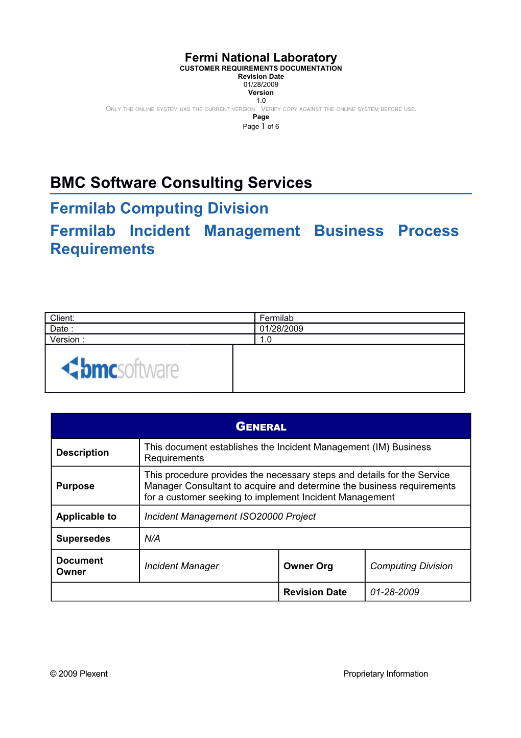Fermilab Incident Business Process Requirements Document 1.0