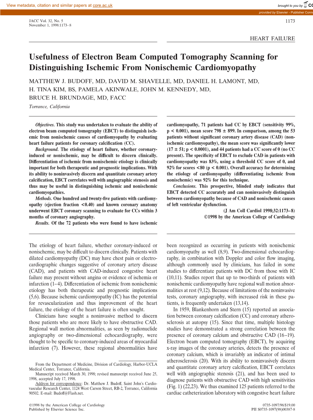 Usefulness of Electron Beam Computed Tomography Scanning for Distinguishing Ischemic from Nonischemic Cardiomyopathy