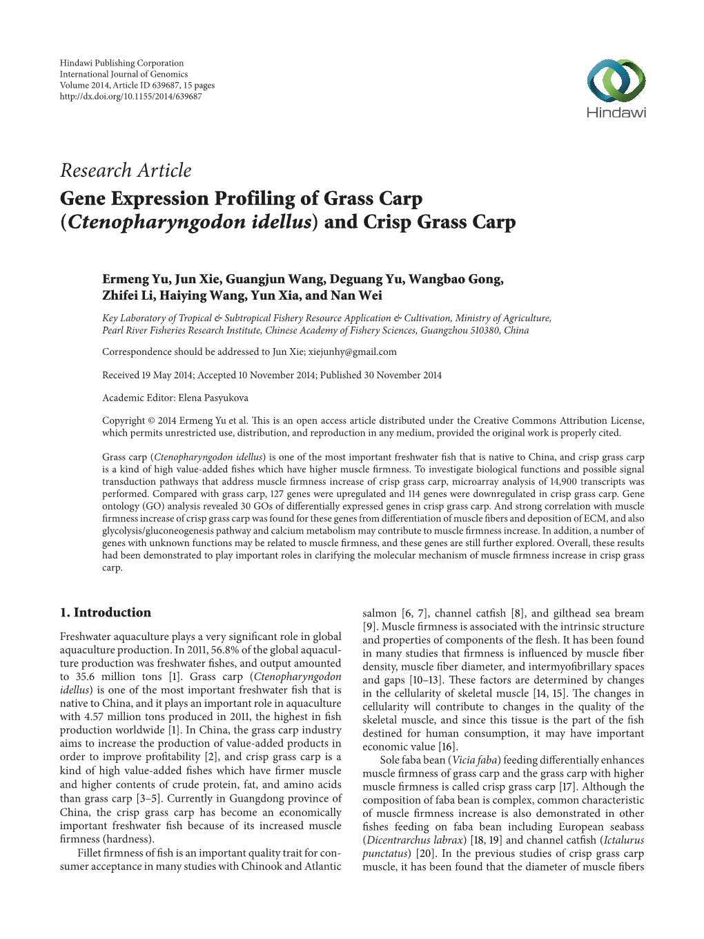 Gene Expression Profiling of Grass Carp (Ctenopharyngodon Idellus) and Crisp Grass Carp