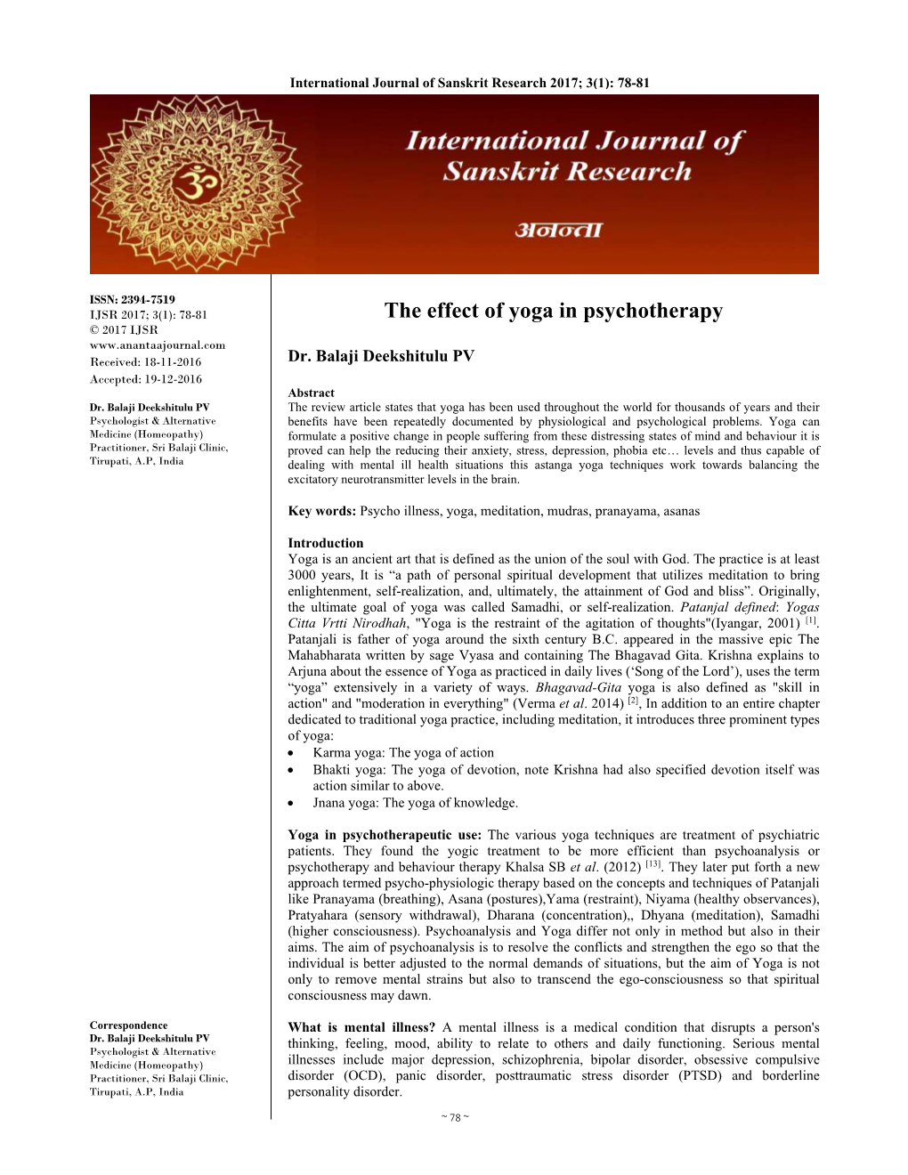 The Effect of Yoga in Psychotherapy © 2017 IJSR Dr