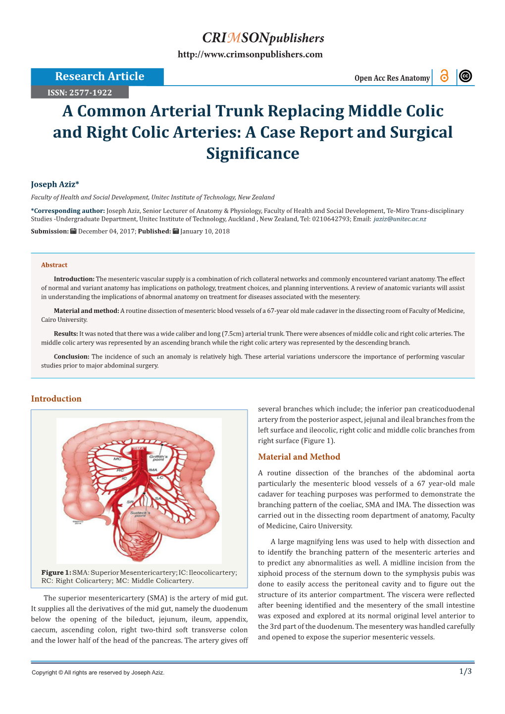 A Common Arterial Trunk Replacing Middle Colic and Right Colic Arteries: a Case Report and Surgical Significance