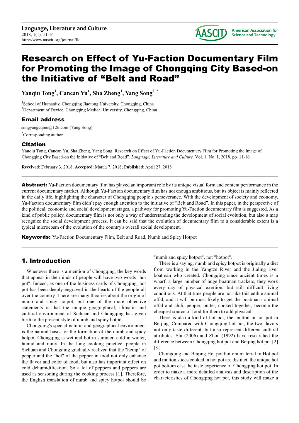 Research on Effect of Yu-Faction Documentary Film for Promoting the Image of Chongqing City Based-On the Initiative of “Belt and Road”