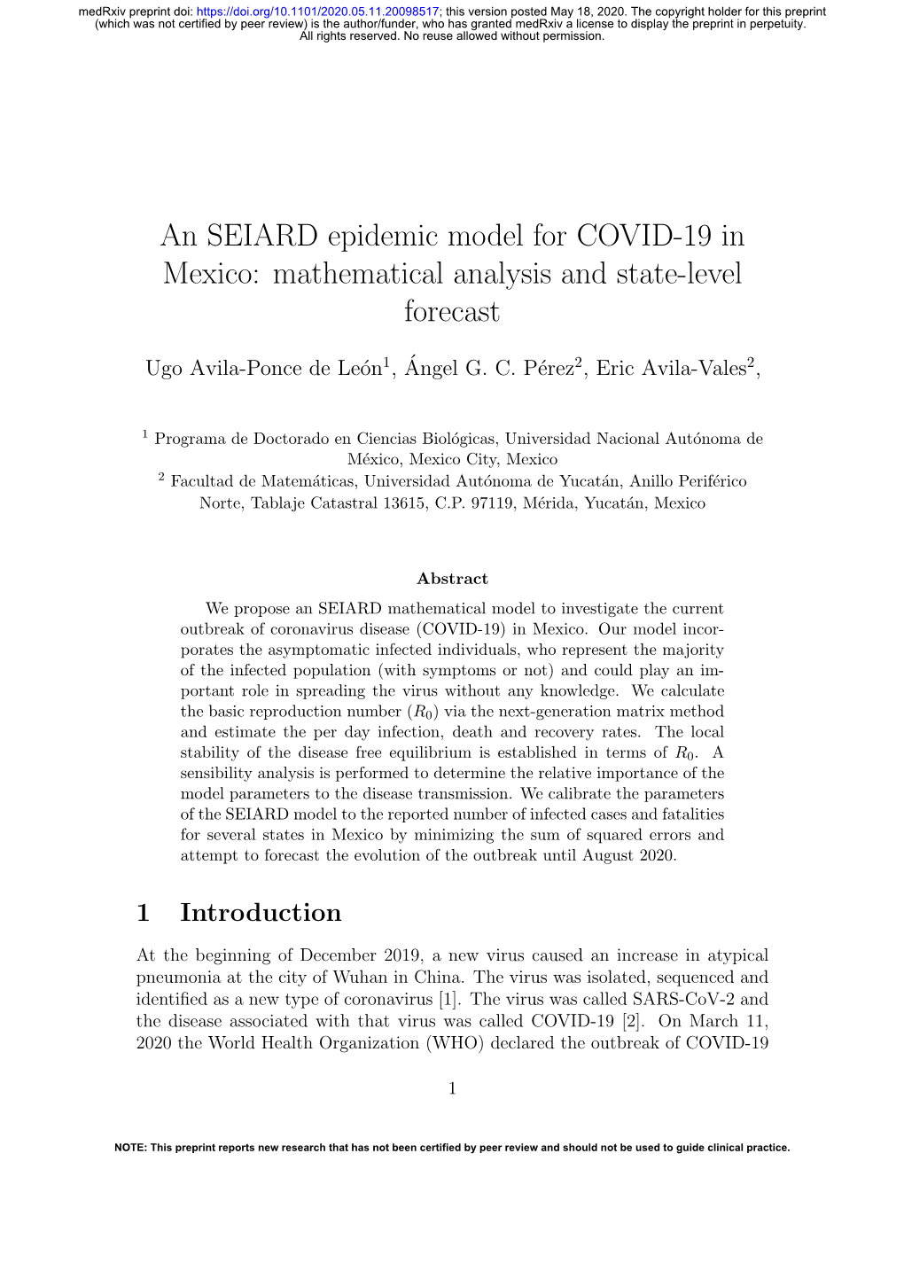An SEIARD Epidemic Model for COVID-19 in Mexico: Mathematical Analysis and State-Level Forecast