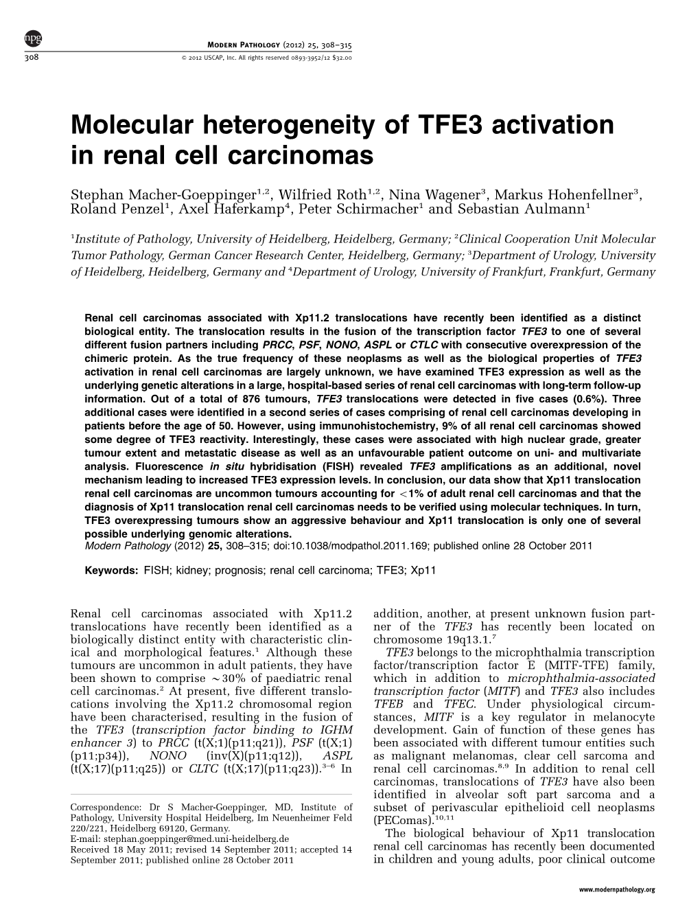 Molecular Heterogeneity of TFE3 Activation in Renal Cell Carcinomas