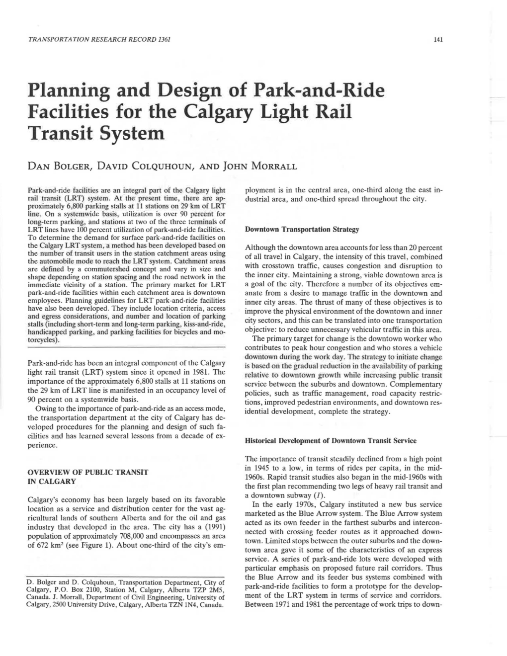 Planning and Design of Park-And-Ride Facilities for the Calgary Light Rail Transit System