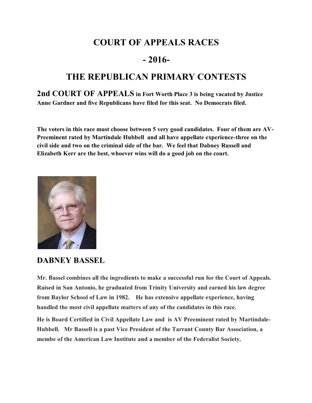 Court of Appeals Races - 2016- the Republican Primary Contests