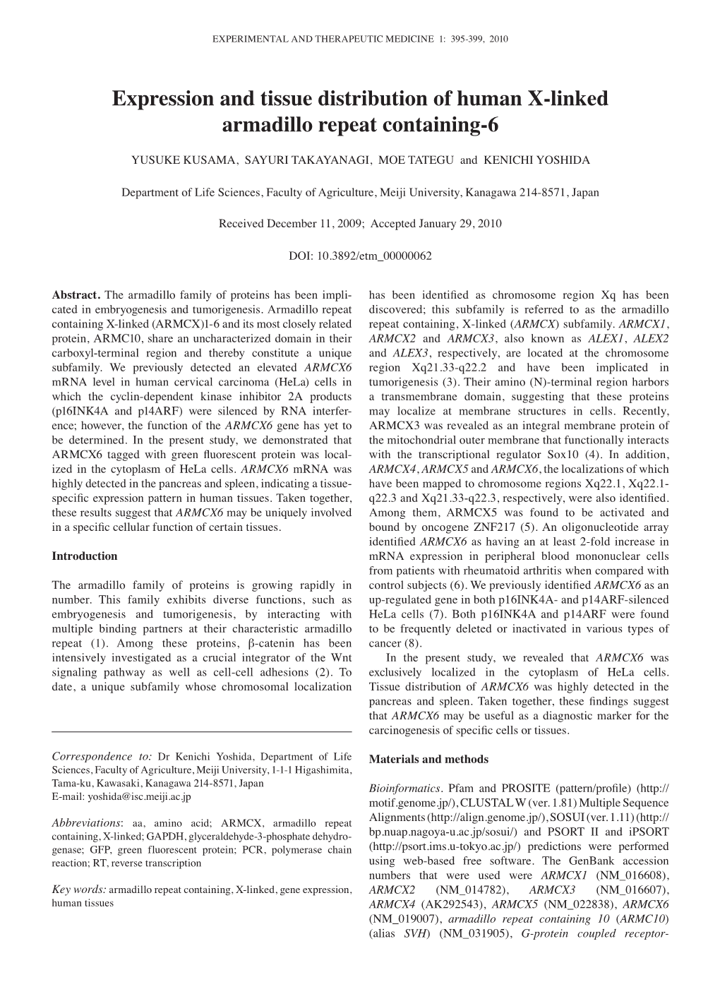 Expression and Tissue Distribution of Human X-Linked Armadillo Repeat Containing-6