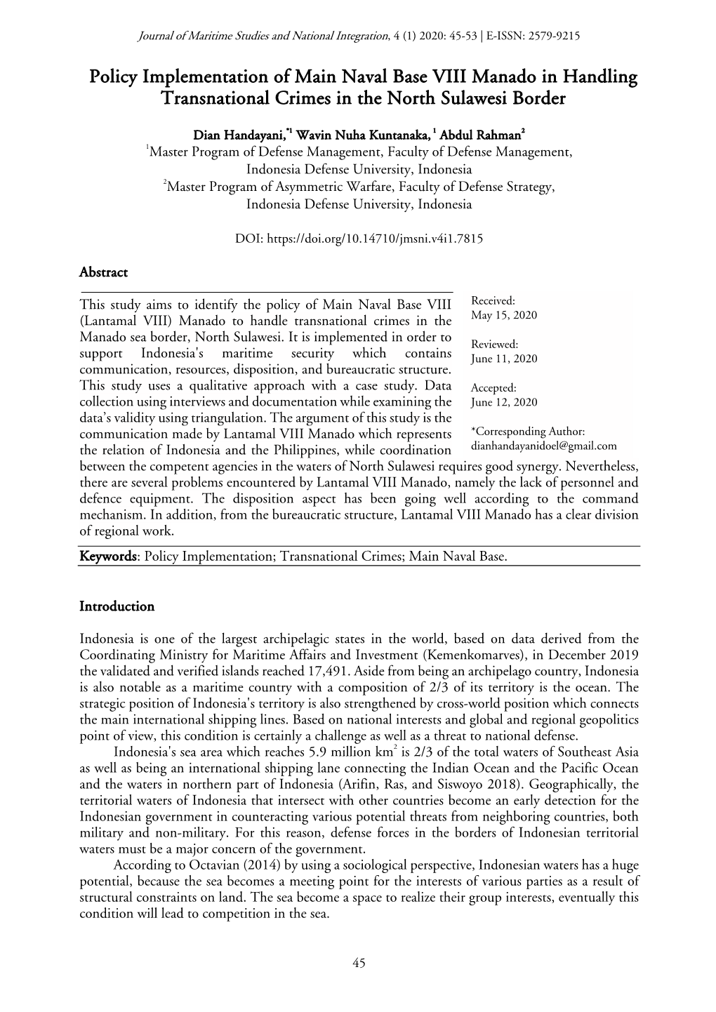 Policy Implementation of Main Naval Base VIII Manado in Handling Transnational Crimes in the North Sulawesi Border