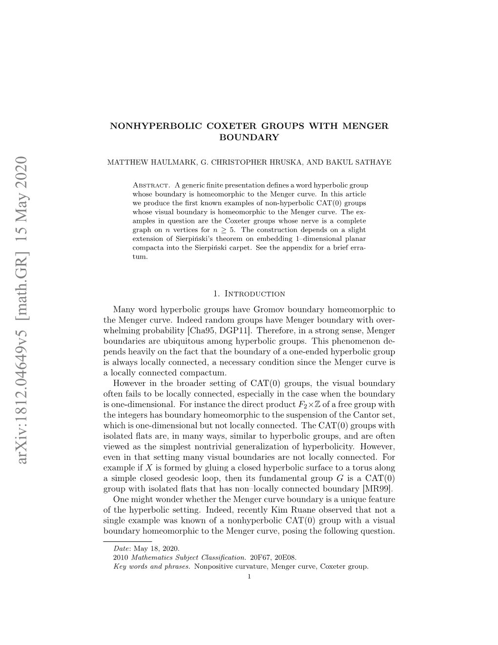 Nonhyperbolic Coxeter Groups with Menger Curve Boundary (With