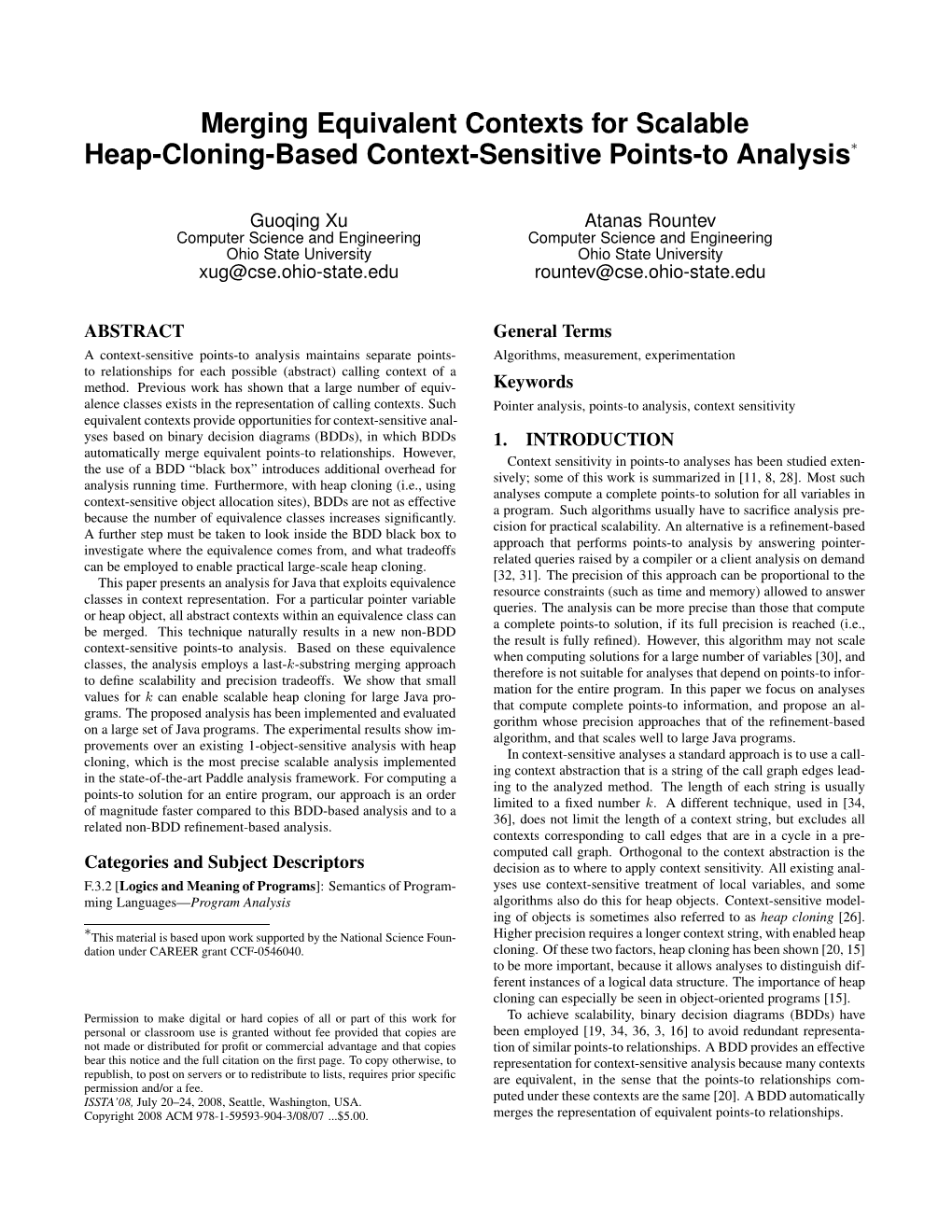 Merging Equivalent Contexts for Scalable Heap-Cloning-Based Context-Sensitive Points-To Analysis∗
