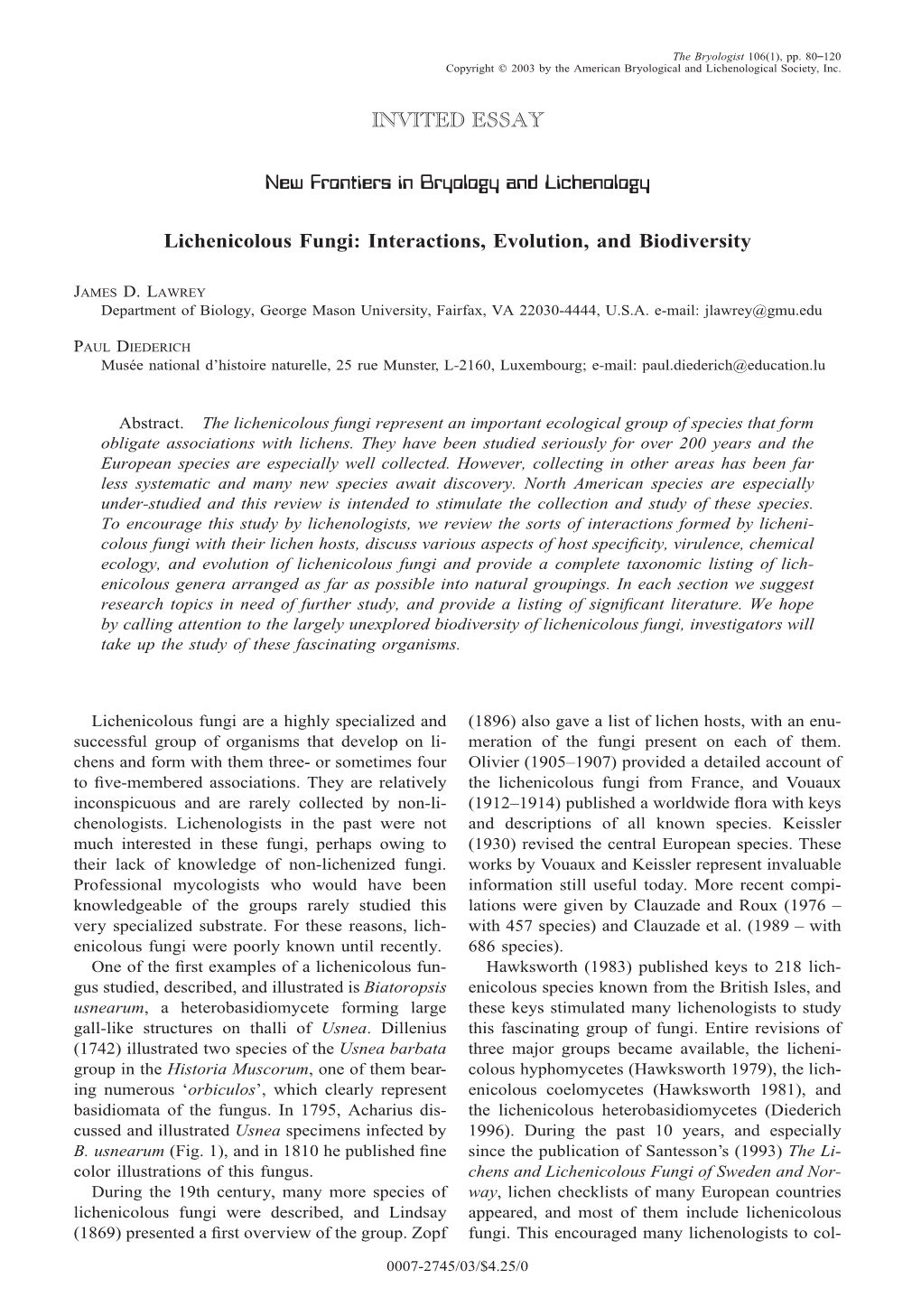 Lichenicolous Fungi: Interactions, Evolution, and Biodiversity