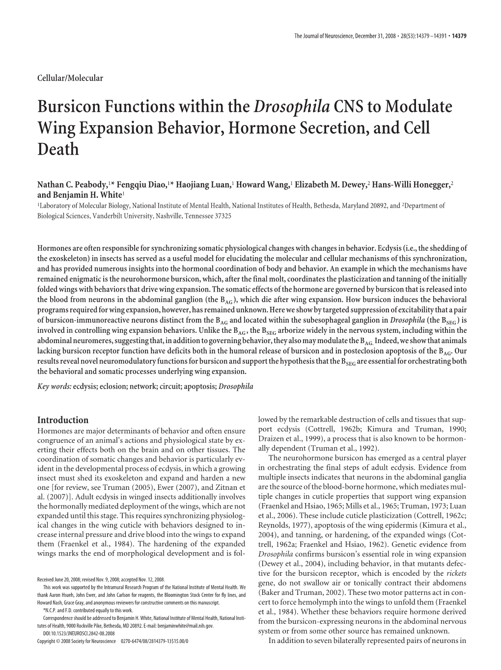 Bursicon Functions Within Thedrosophilacns to Modulate