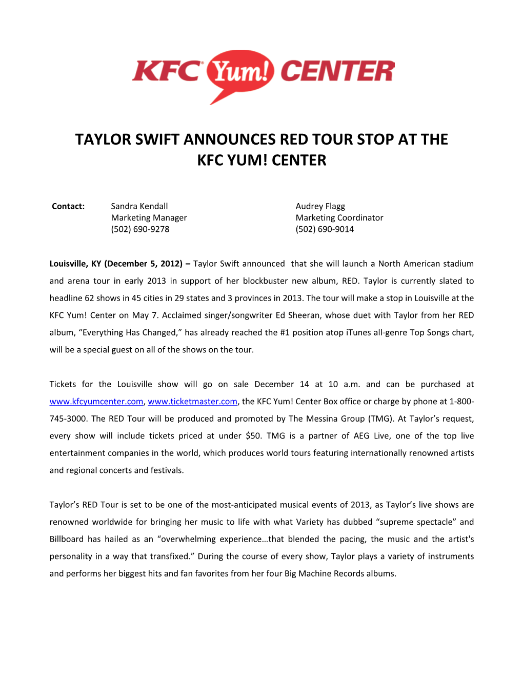 Taylor Swift Announces Red Tour Stop at the Kfc Yum! Center