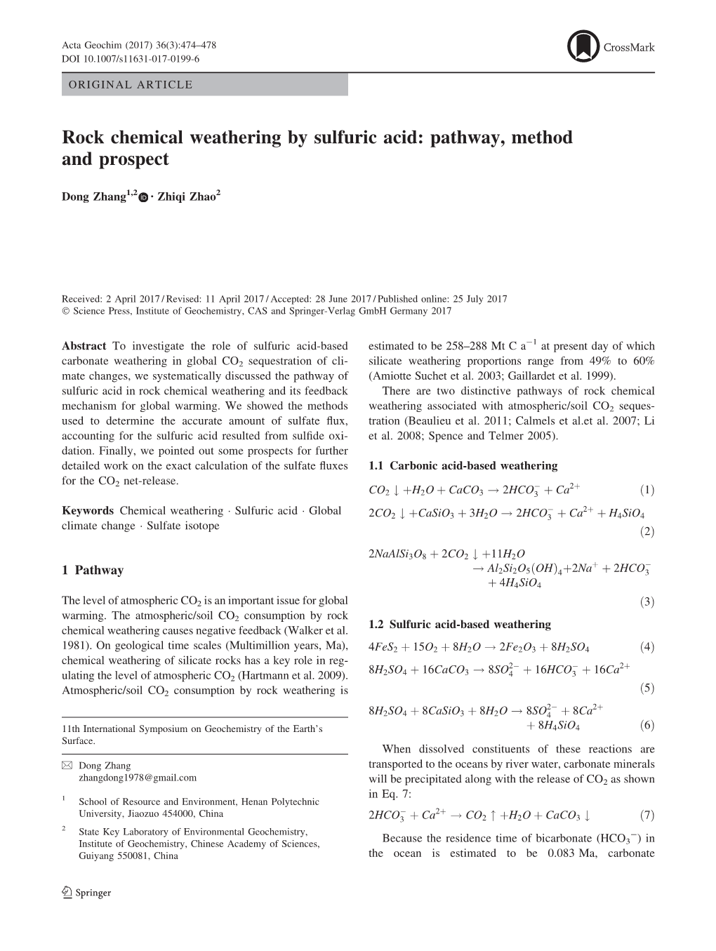 Rock Chemical Weathering by Sulfuric Acid: Pathway, Method and Prospect