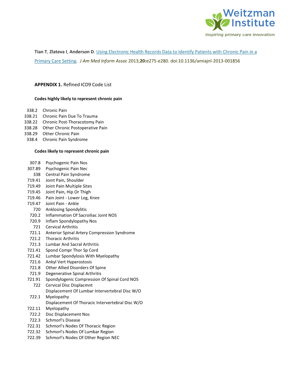 APPENDIX 1. Refined ICD9 Code List