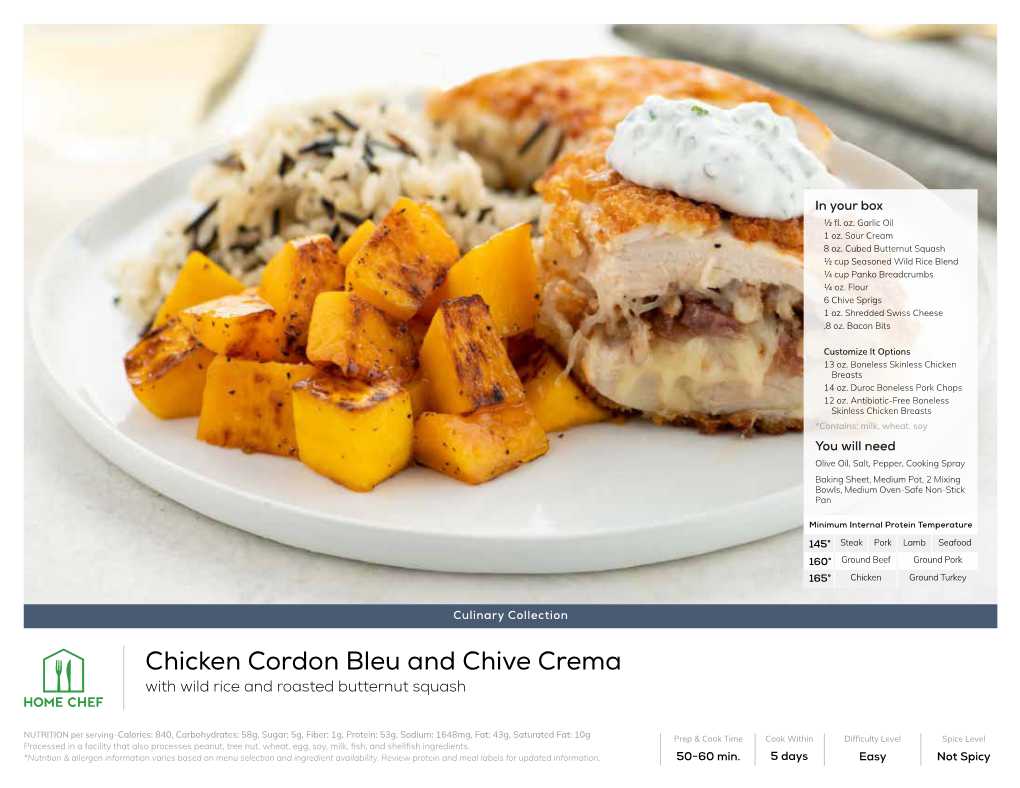 Chicken Cordon Bleu and Chive Crema with Wild Rice and Roasted Butternut Squash