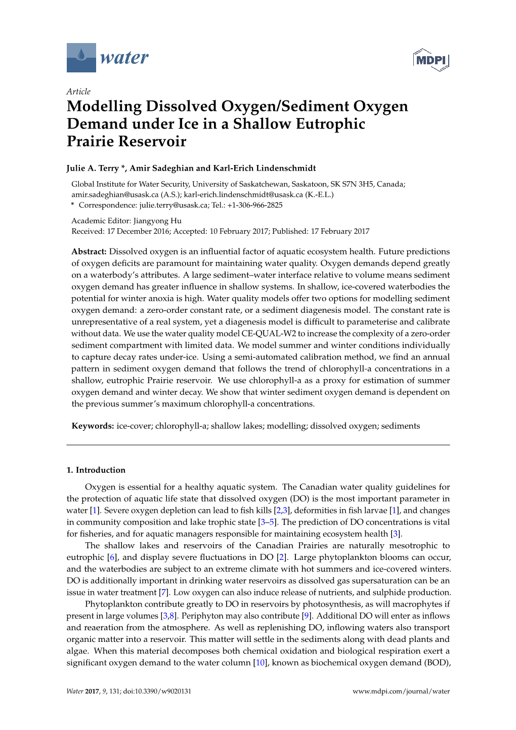 Modelling Dissolved Oxygen/Sediment Oxygen Demand Under Ice in a Shallow Eutrophic Prairie Reservoir