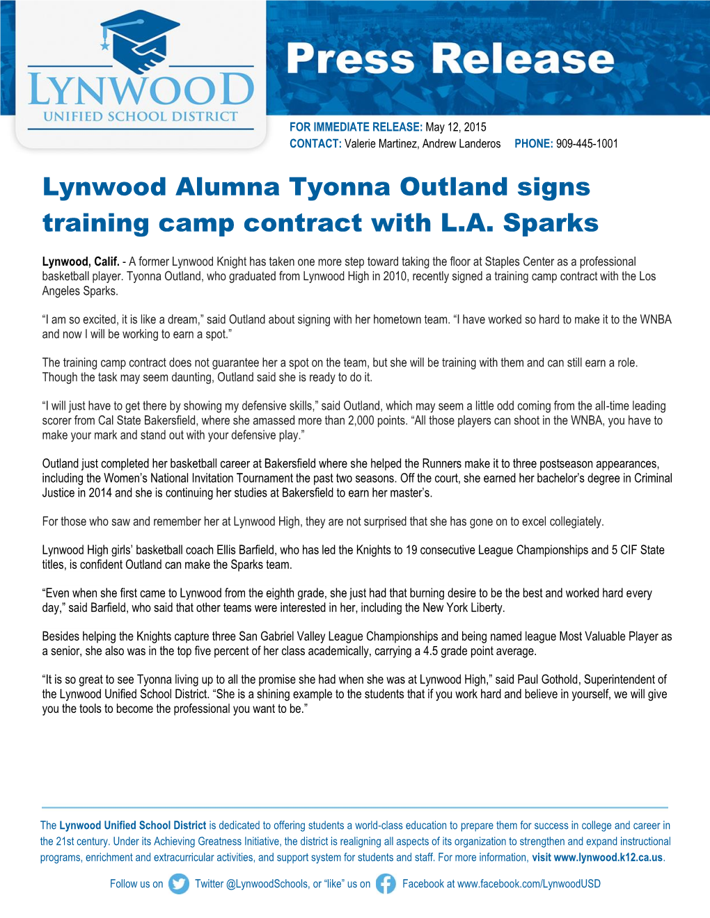 Lynwood Alumna Tyonna Outland Signs Training Camp Contract with L.A