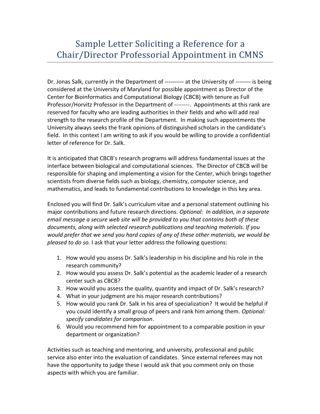 Sample Letter Soliciting a Reference for a Chair/Director Professorial Appointment in CMNS